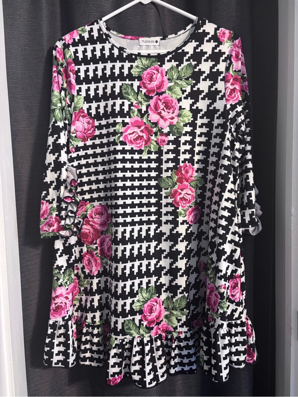 NUGGLES Women's Black & White Houndstooth Blouse with Pink Floral Print